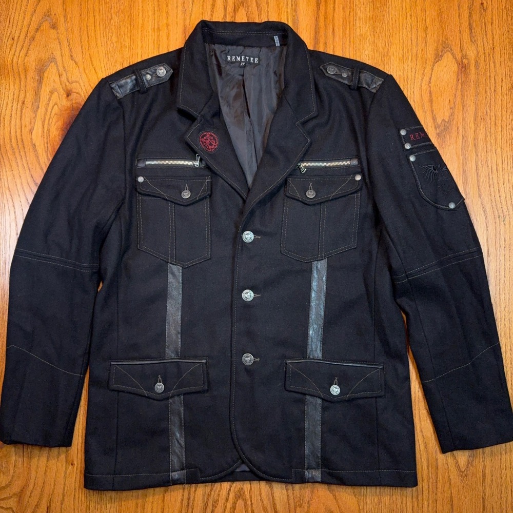 Remetee Military Style Jacket Mens 2X Black Wool Embroidered Eagle Utility Coat